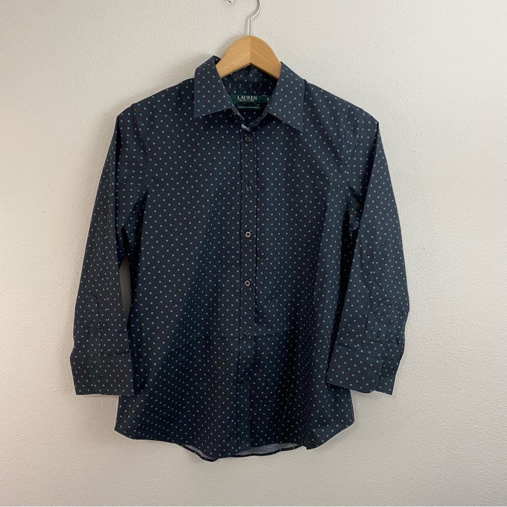 Lauren Ralph Lauren‎ Black and Green Polka Dot 3/4 Sleeve Button Up Medium